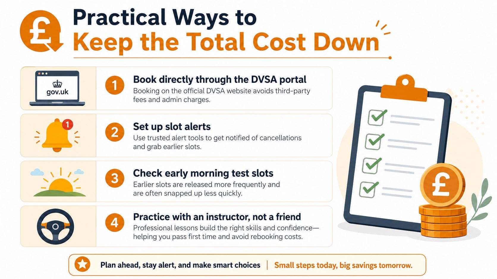 An infographic detailing four practical tips to reduce costs when booking a UK driving test.
