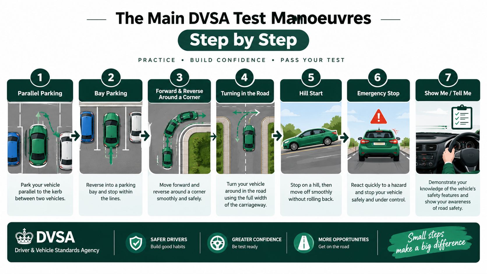 A guide infographic illustrating seven essential driving test manoeuvres required for a DVSA driving test assessment.