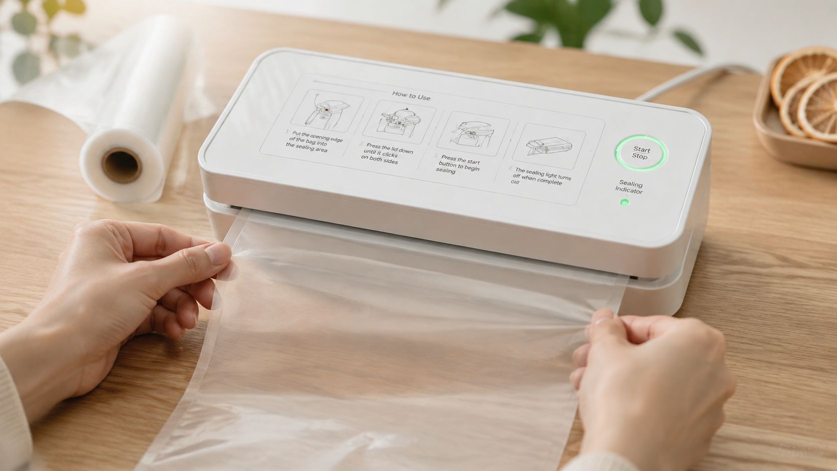 A person using a white vacuum sealer machine to seal the open edge of a plastic bag.