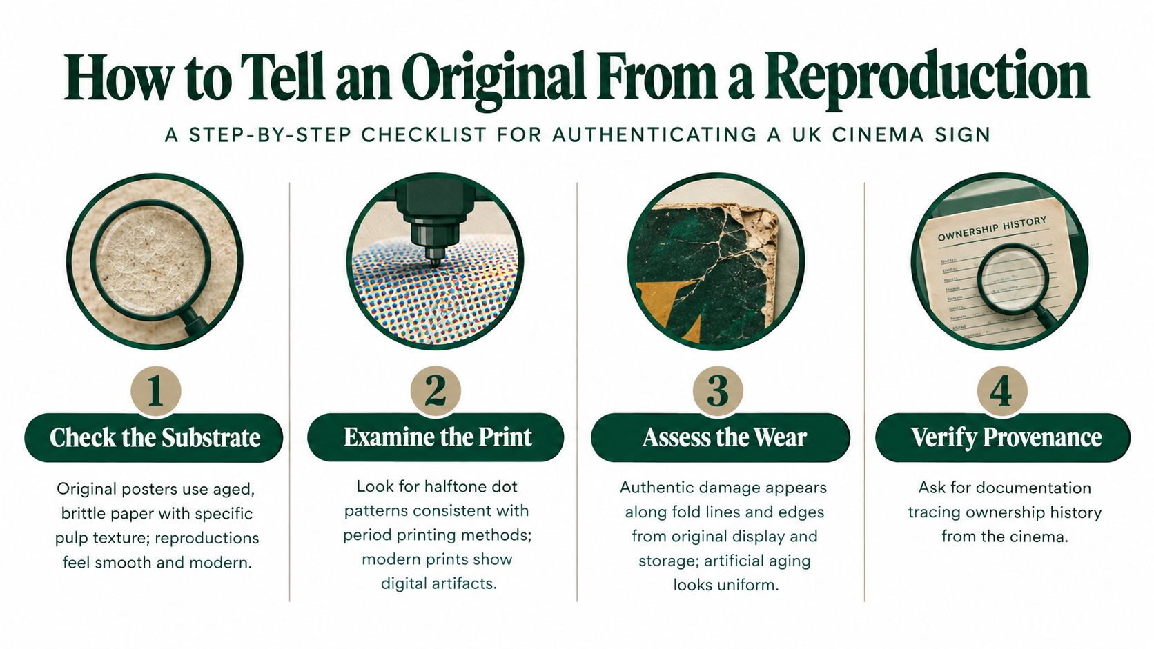 A four-step checklist graphic explaining how to distinguish an original vintage cinema sign from a modern reproduction.