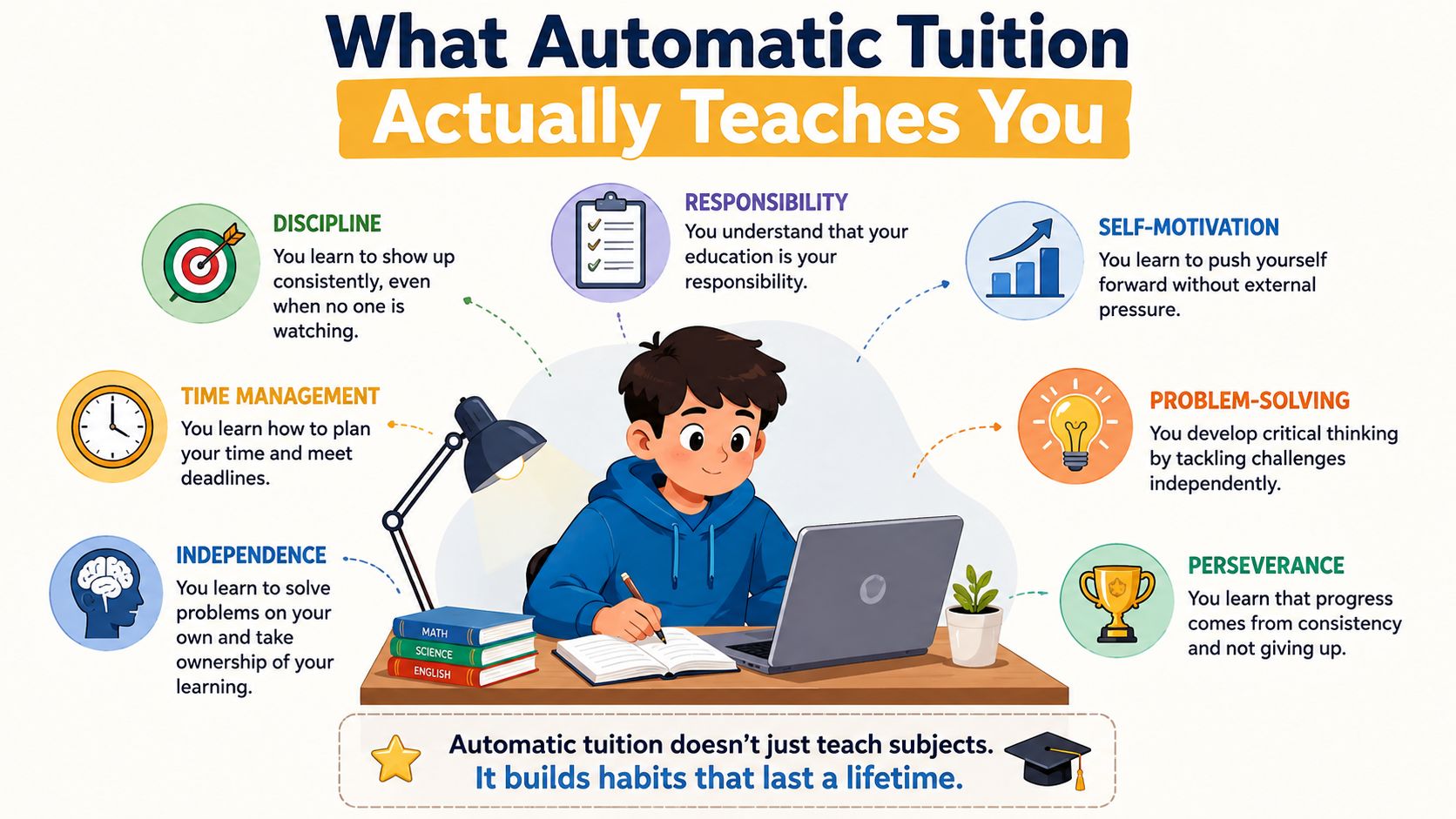 An illustration showing how automatic tuition builds life habits like discipline, time management, independence, and perseverance.
