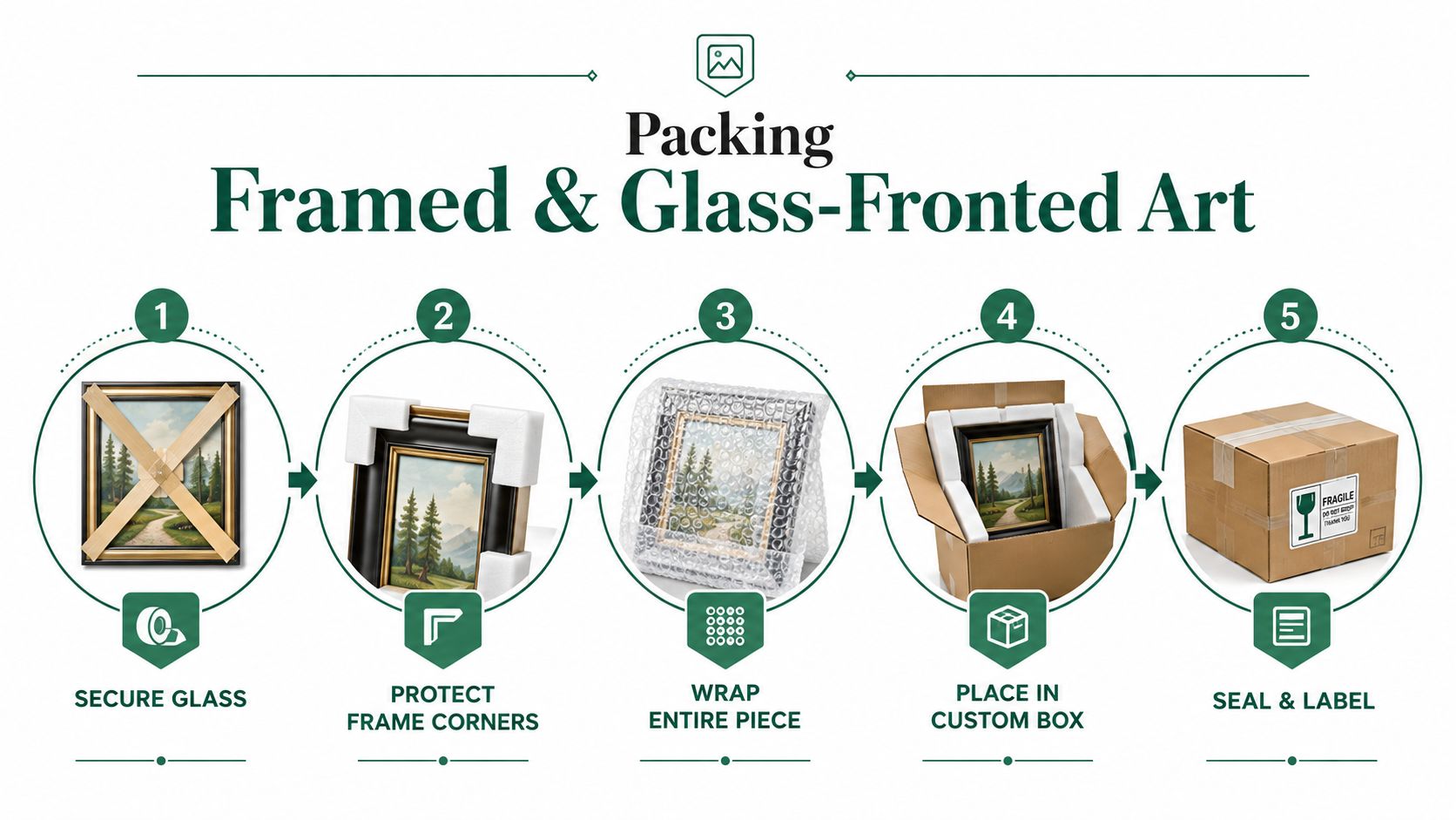 A step-by-step instructional infographic on how to safely pack framed and glass-fronted artwork for shipping.