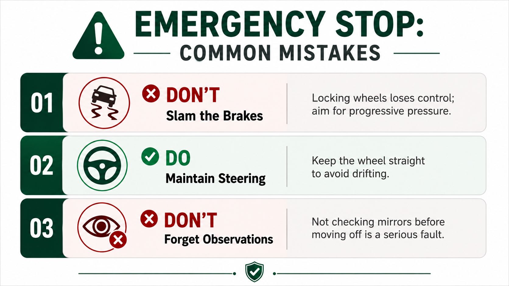 An infographic detailing common mistakes and correct procedures to follow when performing an emergency stop while driving.