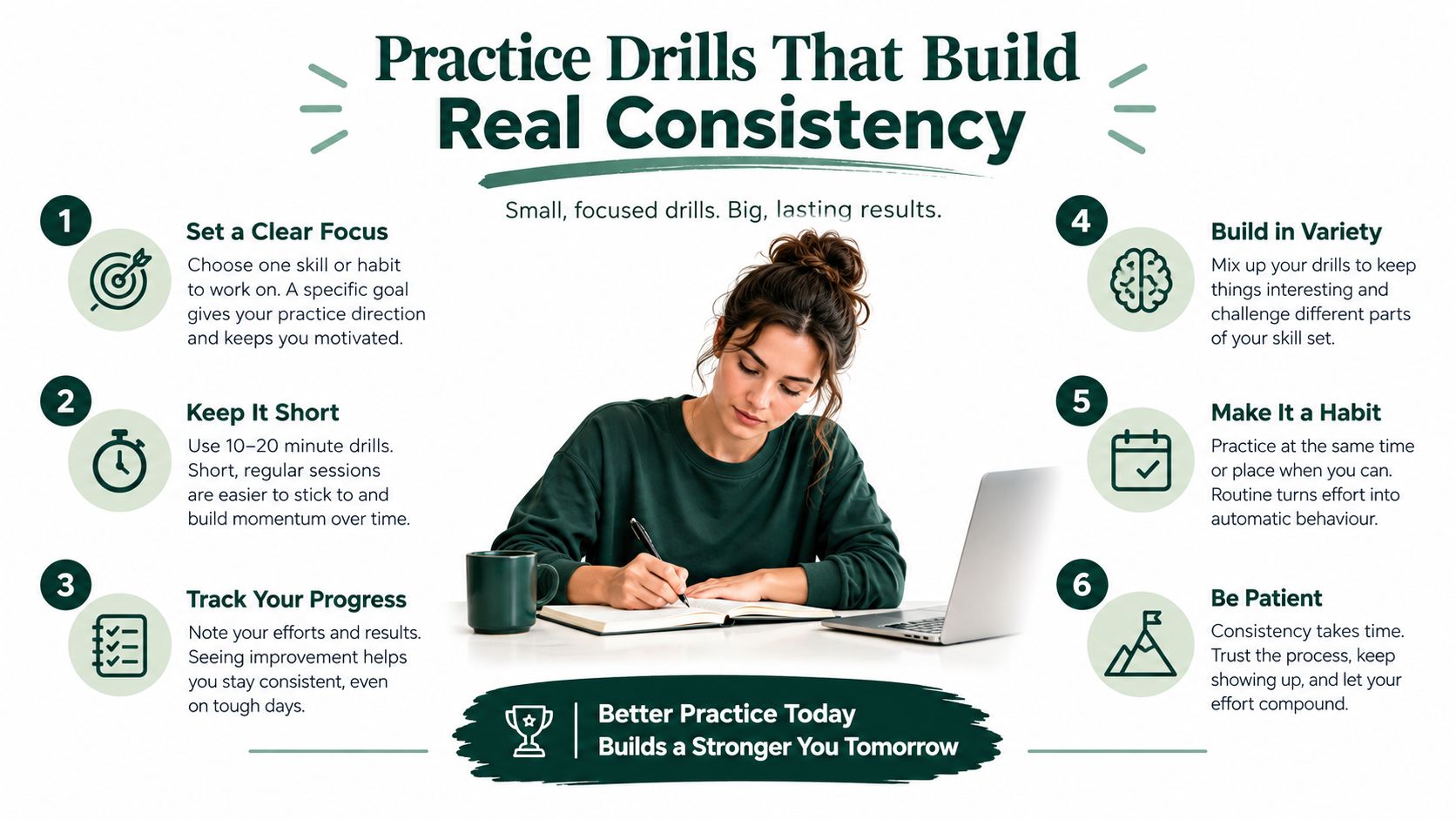 An infographic titled Practice Drills That Build Real Consistency with six numbered steps for self-improvement and productivity.