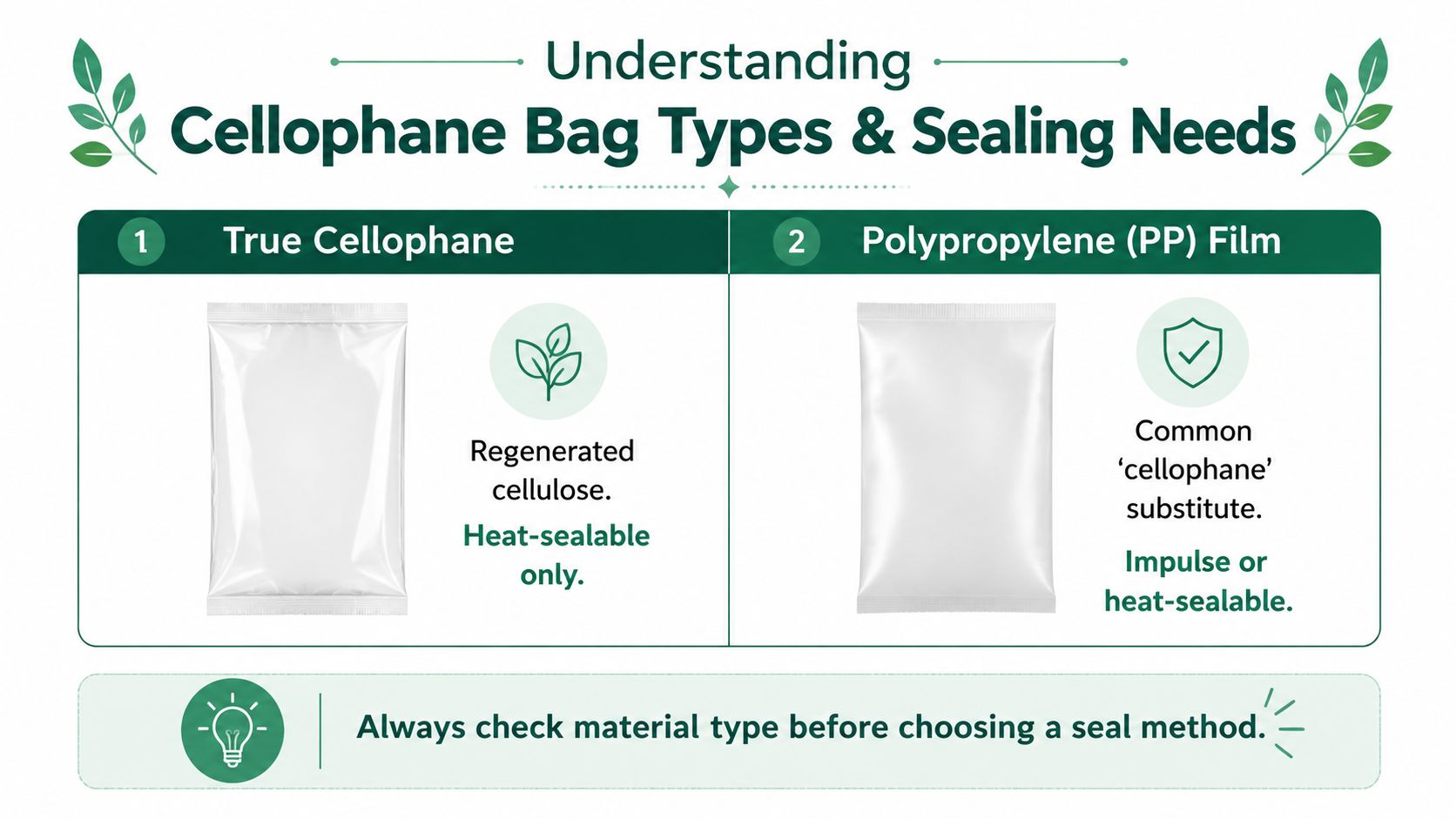 A comparison chart explaining the difference between true cellophane and polypropylene bags for proper sealing methods.