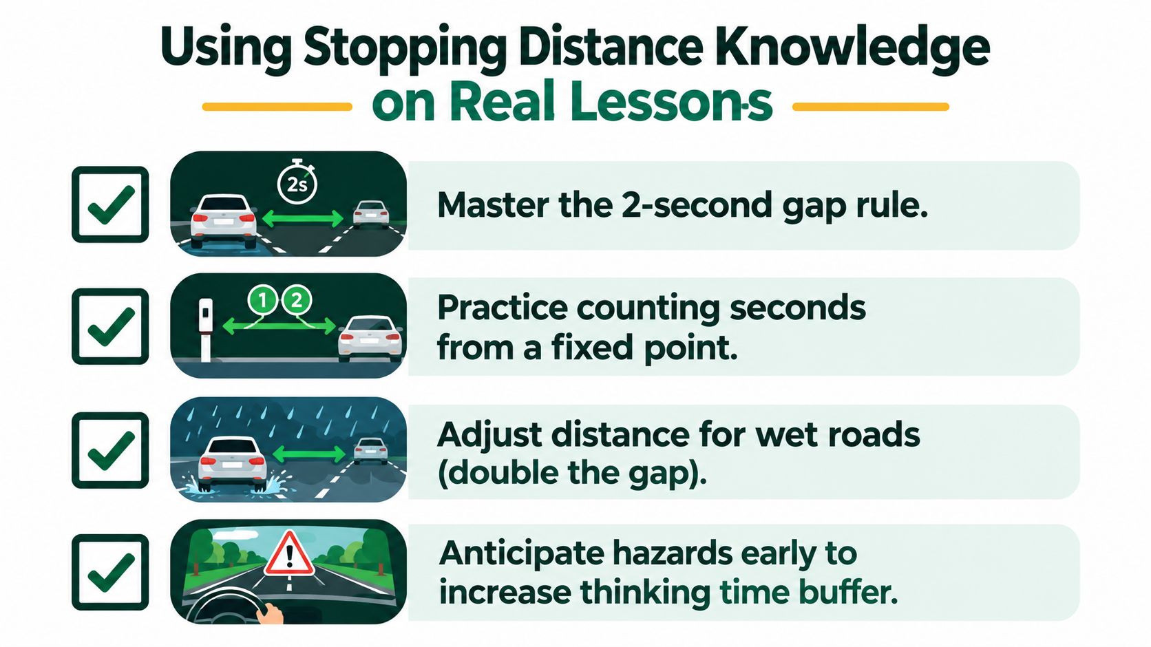 An infographic showing four essential tips for safe driving and maintaining proper stopping distances on the road.