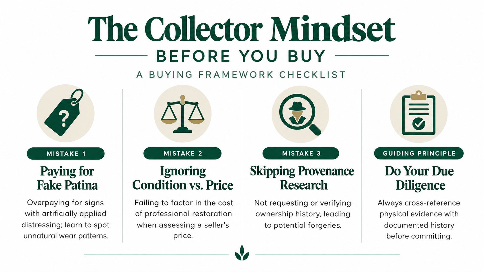 A helpful infographic titled The Collector Mindset, listing three common buying mistakes and one key principle for antique collectors.