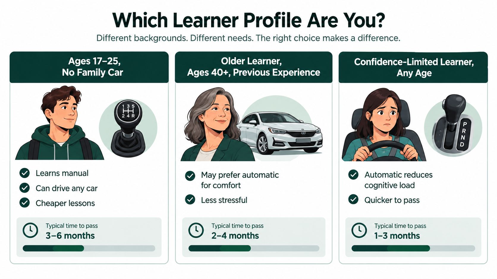 An infographic comparing three driving learner profiles based on age, vehicle transmission preference, and time to pass.