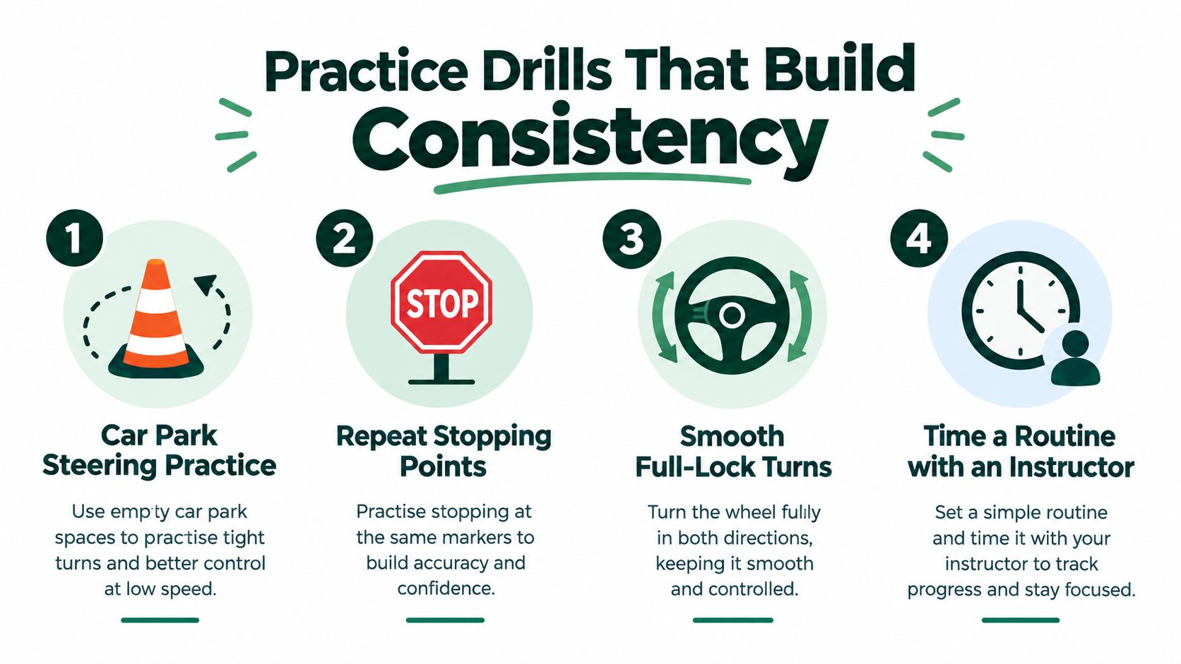 An infographic showing four driving practice drills to improve consistency and vehicle control skills for drivers.
