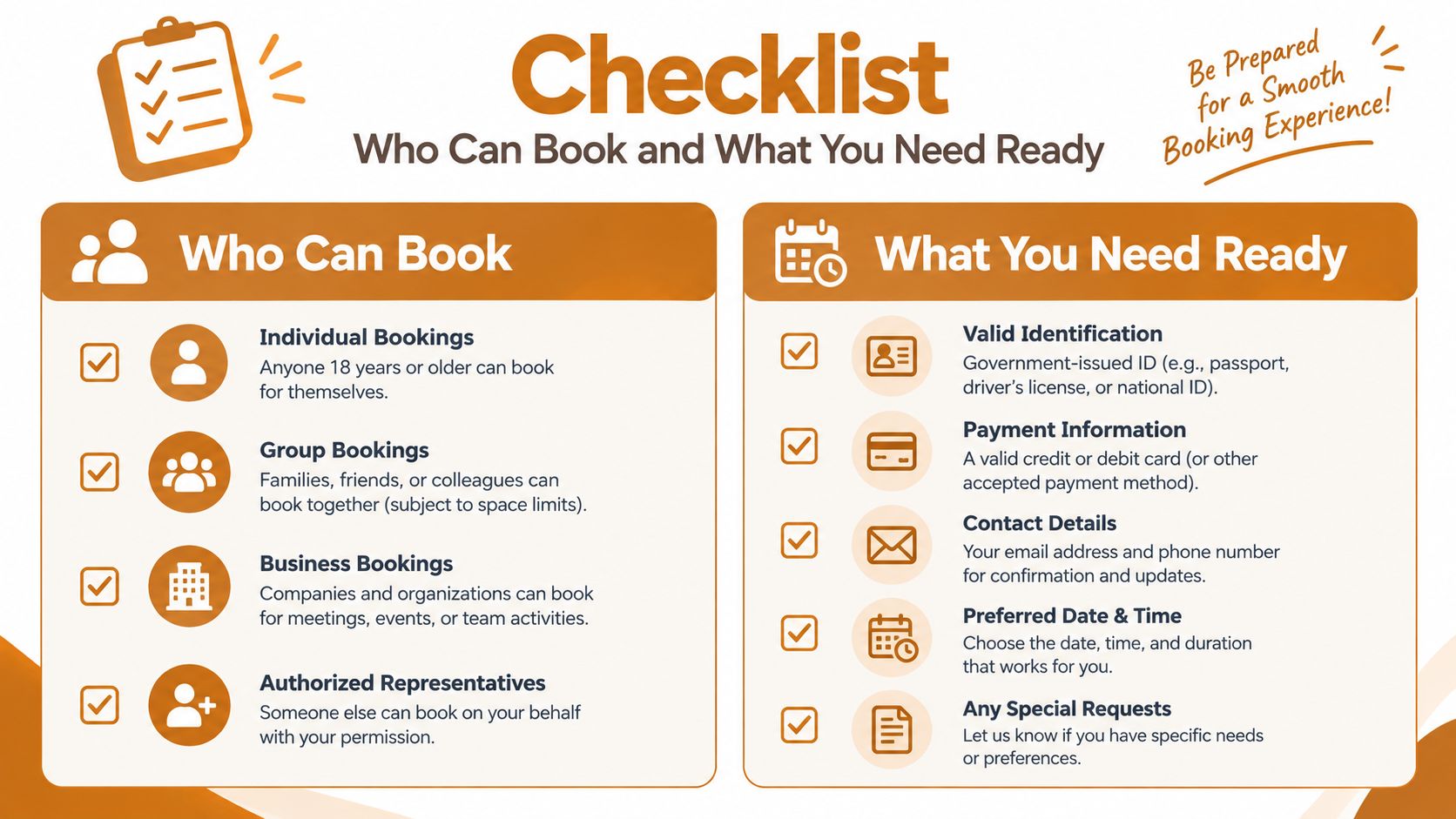 A helpful checklist infographic detailing who can book services and the essential items needed for reservation.