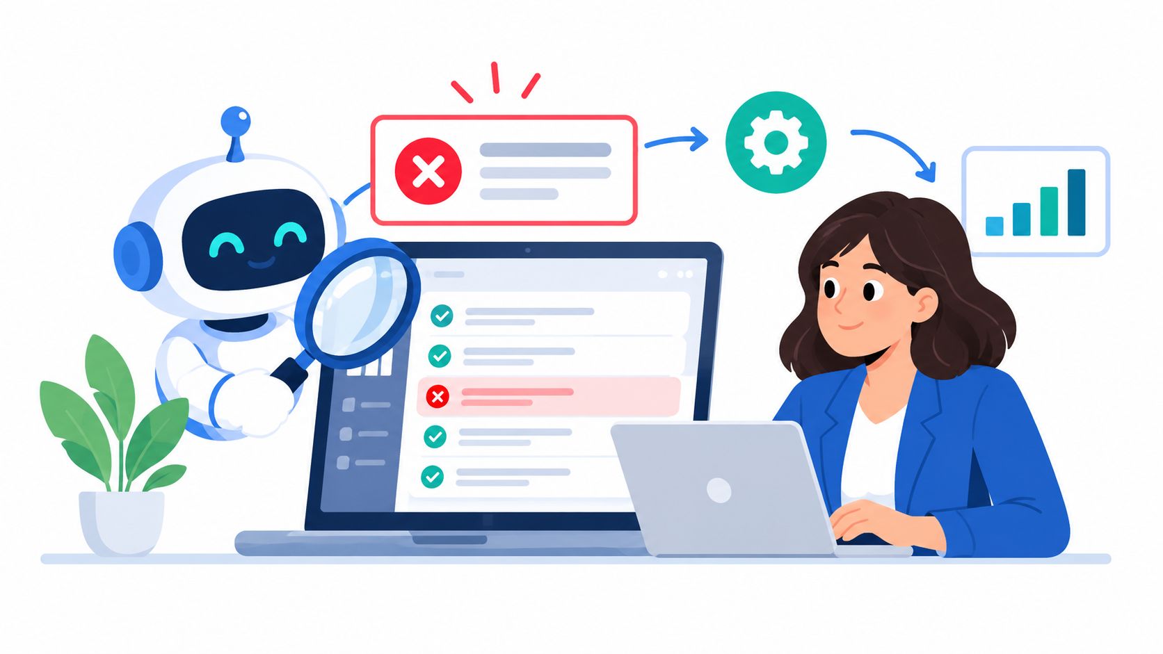 A friendly robot uses a magnifying glass to help a woman analyze data on a laptop screen.