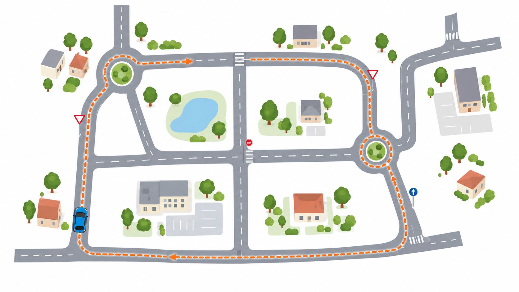 A top-down stylized map illustration showing a blue car following a dotted orange route through intersections.