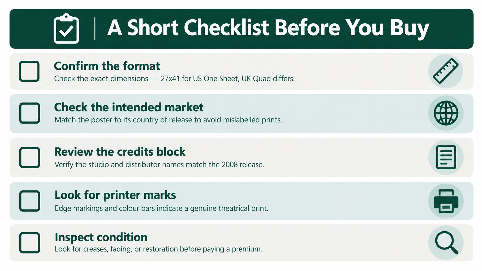 A checklist graphic providing five essential steps to consider before purchasing collectible movie posters.