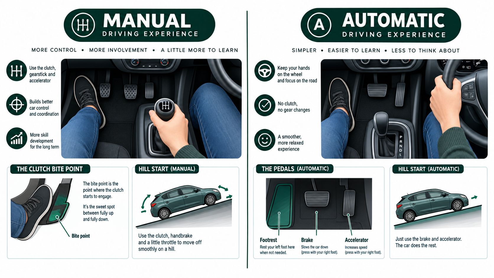 A comparison chart showing the differences between manual and automatic car driving controls and driving experiences.