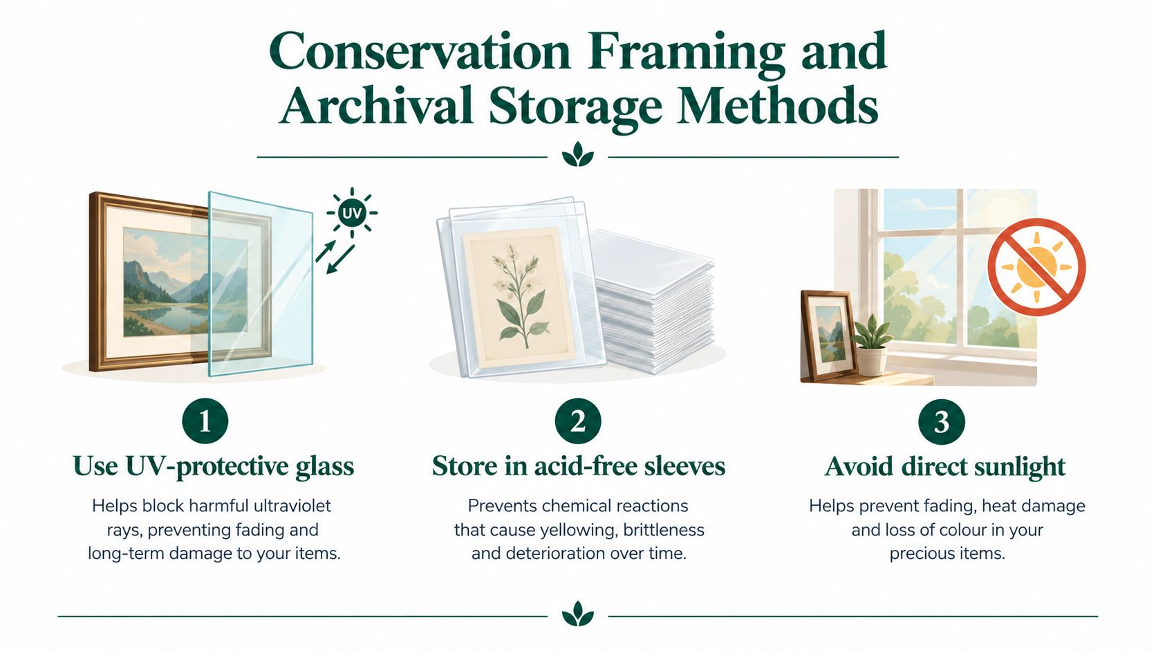 An infographic titled Conservation Framing and Archival Storage Methods detailing three essential tips for protecting artwork.