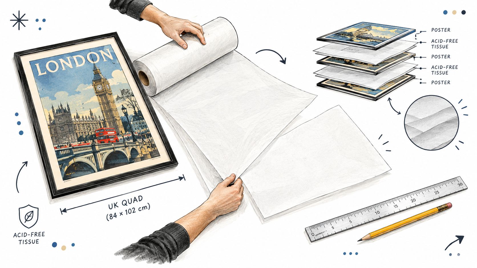 A person using acid-free tissue paper to safely store and protect vintage London travel posters.
