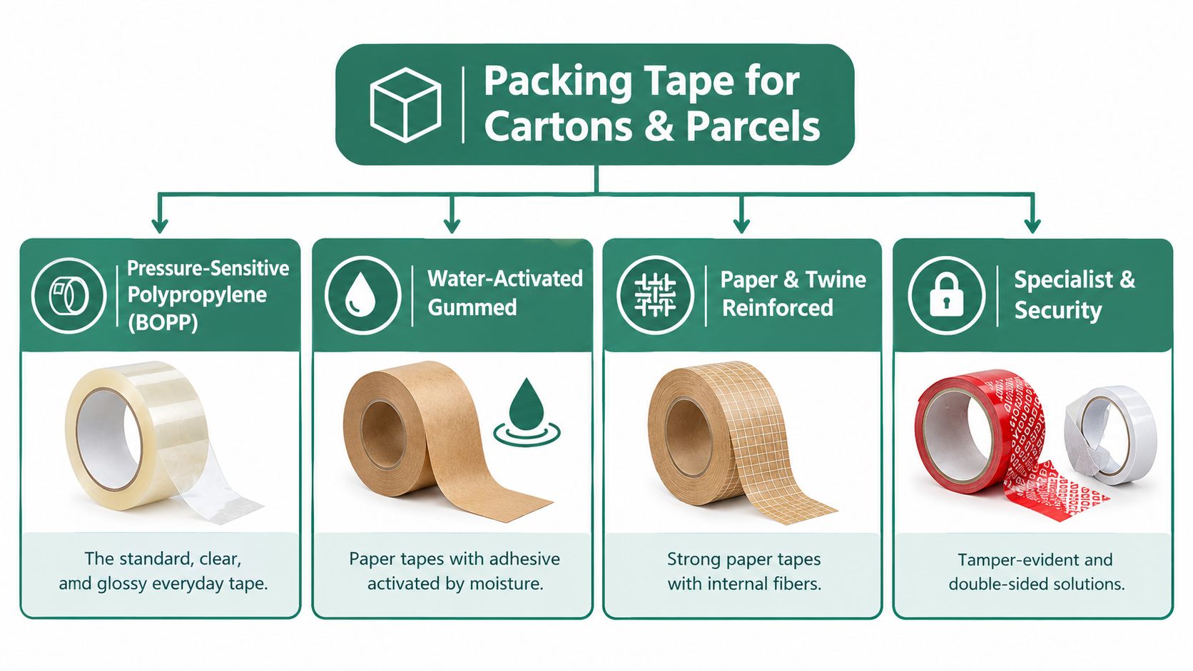 A diagram categorizing four different types of packing tape for cartons and parcels, including descriptions and visual examples.