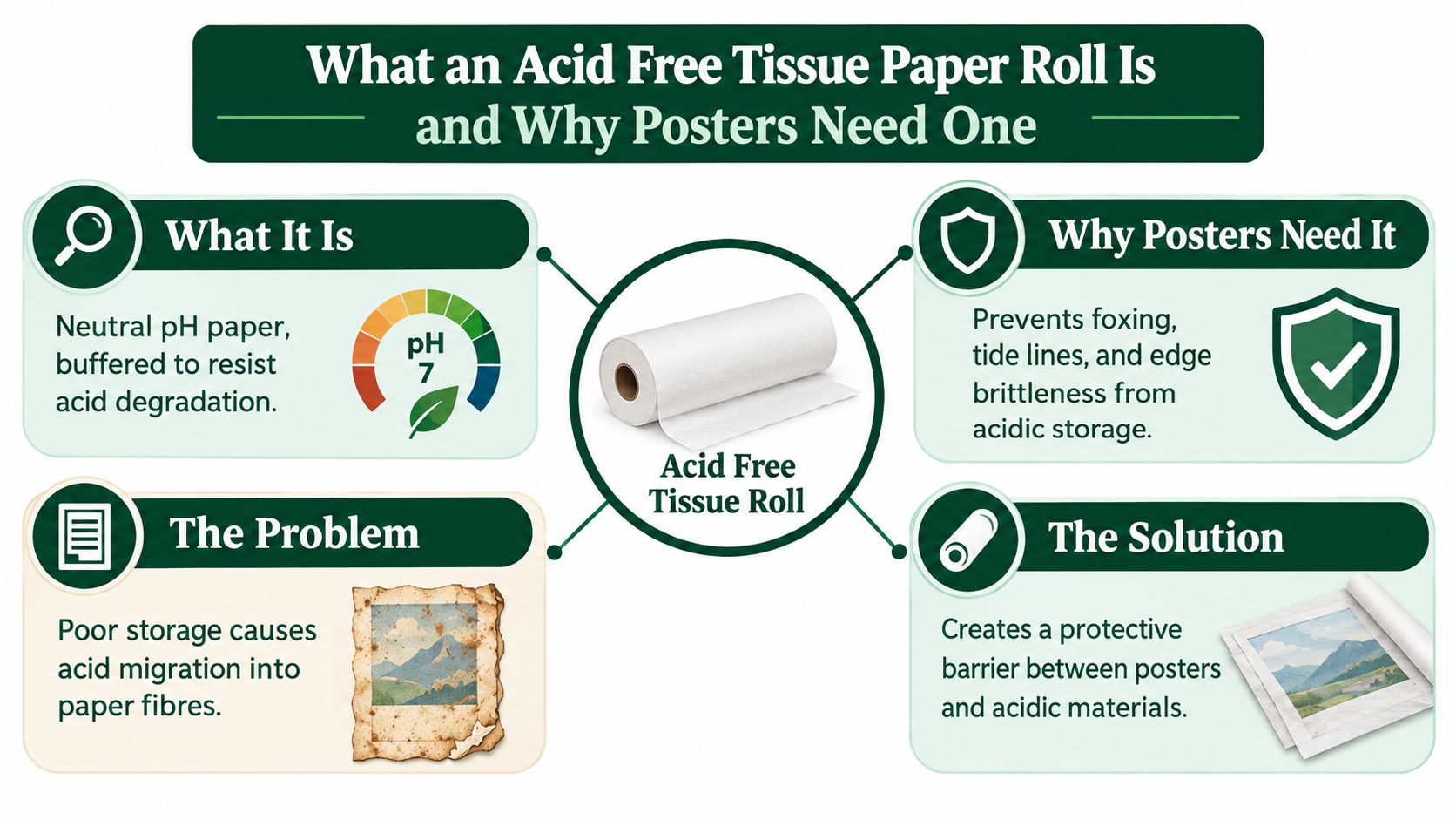 An infographic explaining why acid free tissue paper rolls are essential for protecting posters during storage.