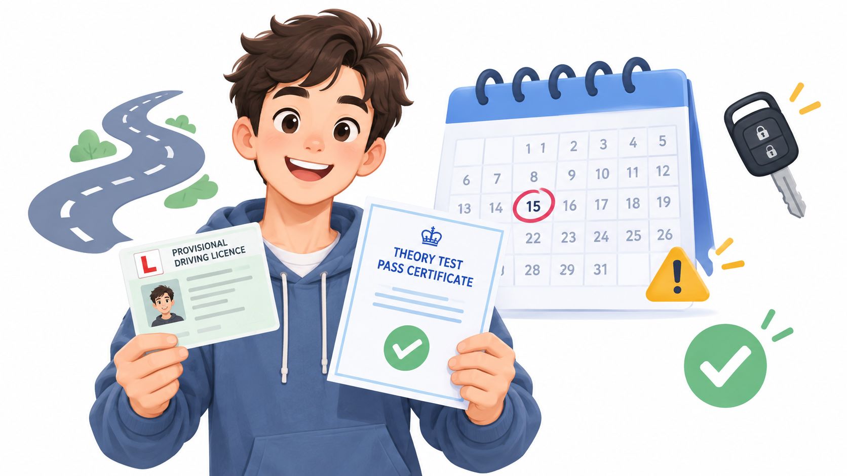 A happy young man holding a provisional driving licence and a theory test pass certificate near a calendar.