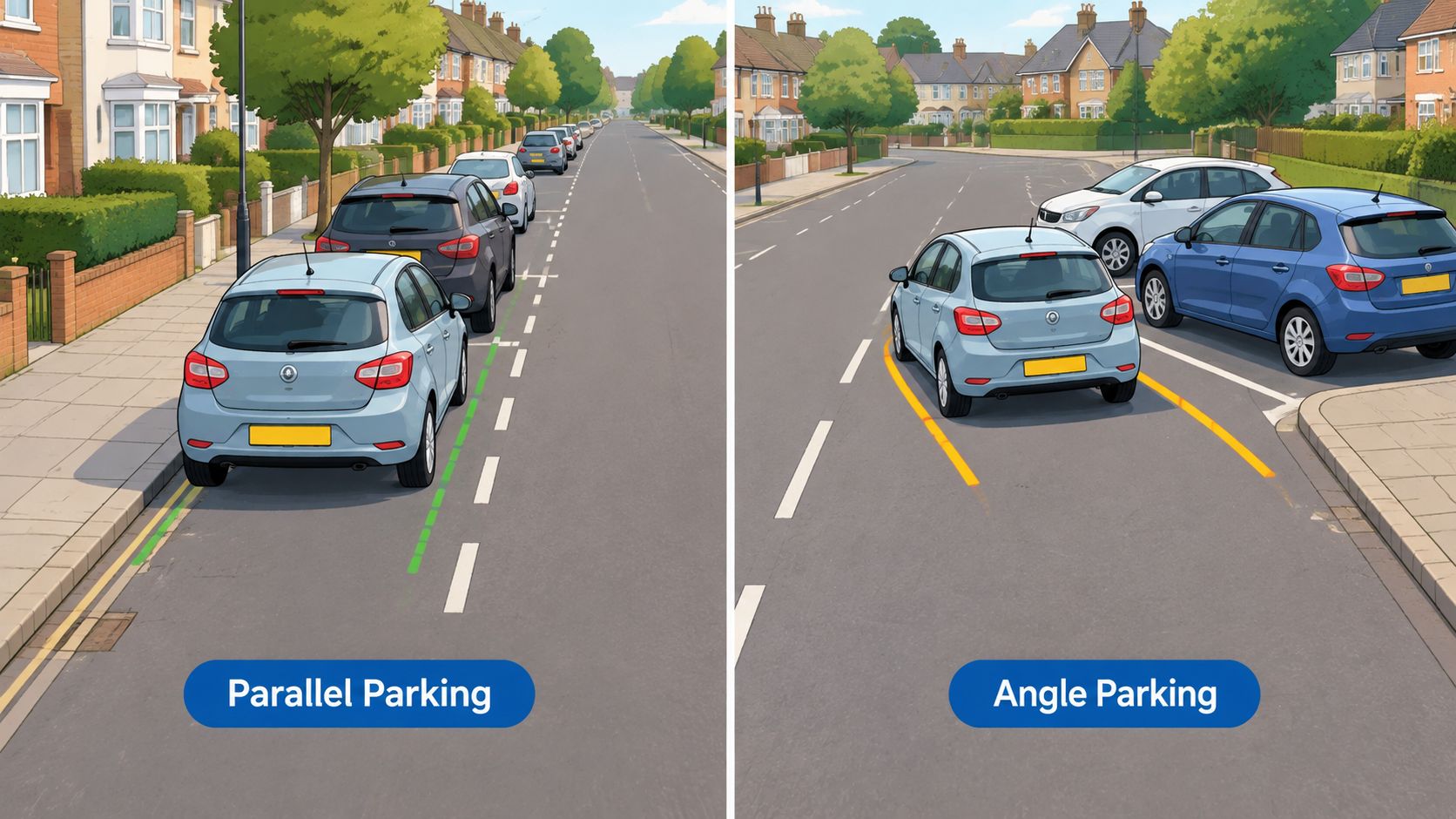 A diagram illustrating the difference between parallel parking on the left and angle parking on the right.