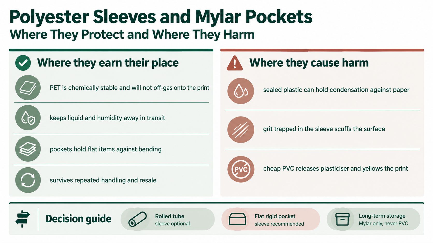 An infographic comparing the benefits and risks of using polyester sleeves and Mylar pockets for document storage.