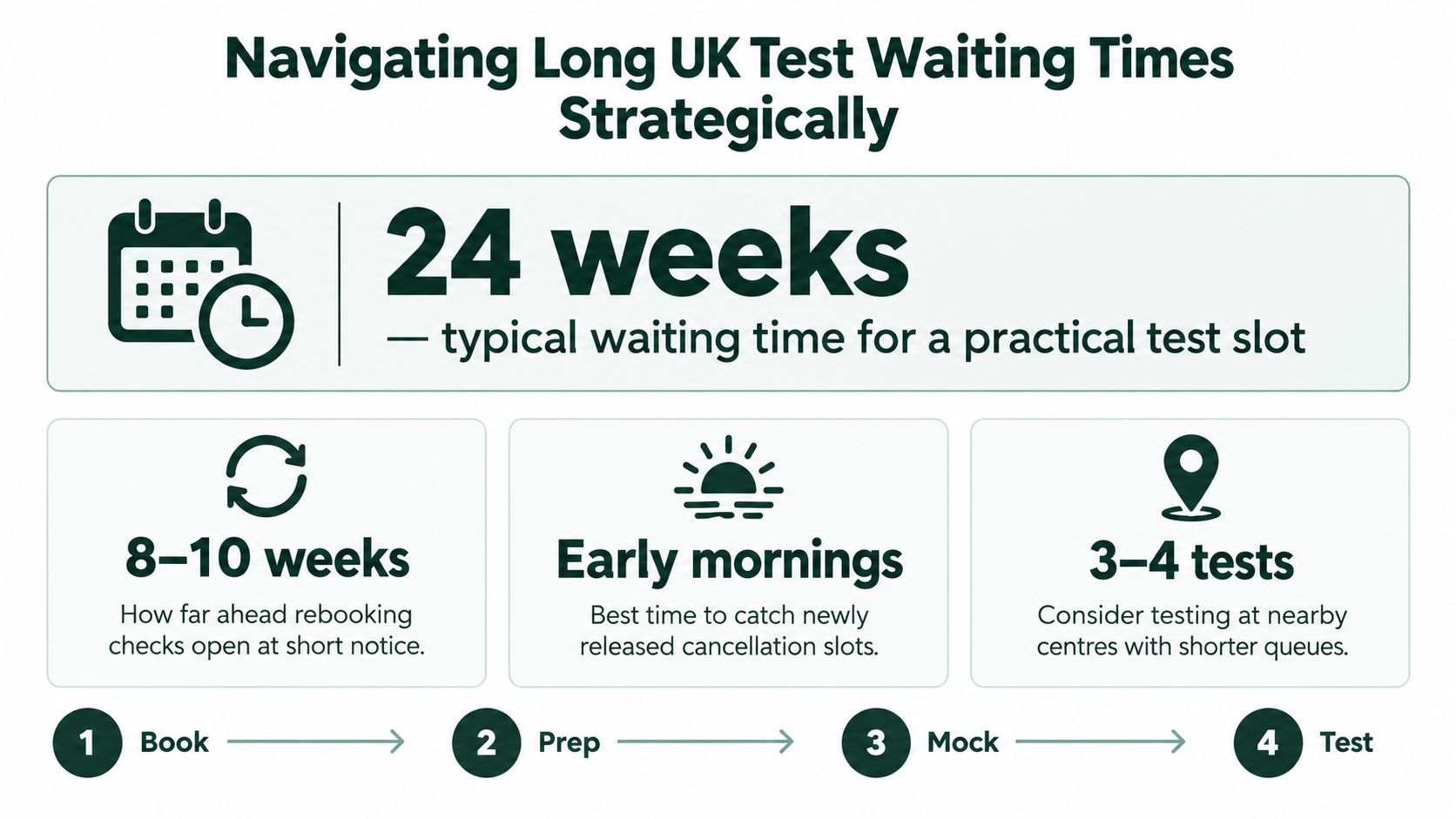 An infographic detailing strategies for navigating long UK practical driving test waiting times and booking advice.