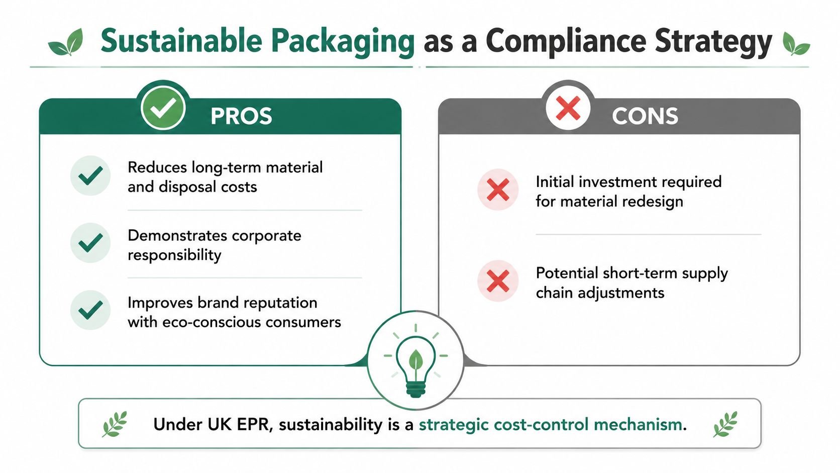An infographic comparing the pros and cons of adopting sustainable packaging as a business compliance strategy.
