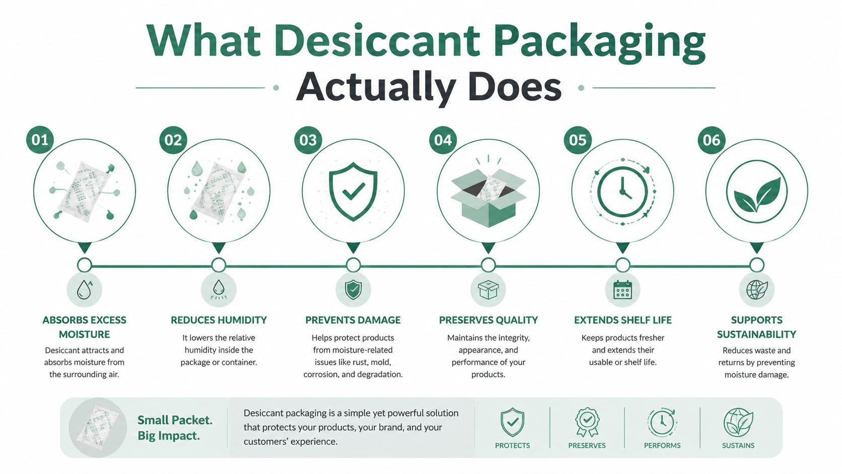 An infographic detailing the six key benefits of using desiccant packaging for moisture protection and product preservation.