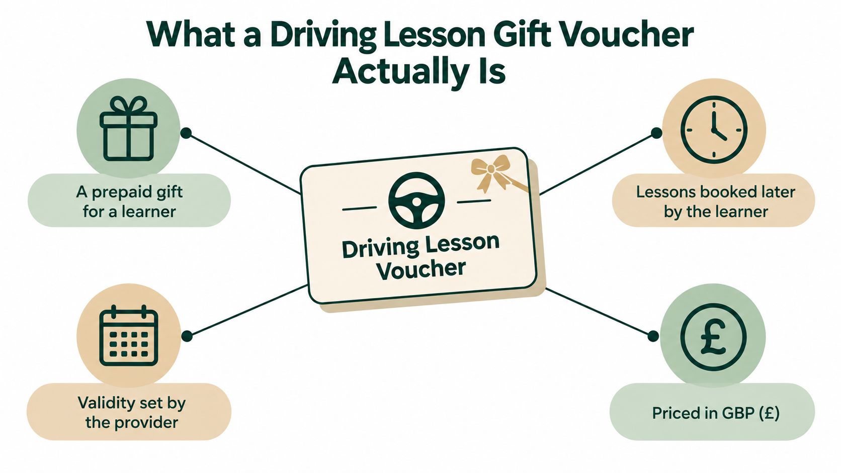 An infographic explaining driving lesson gift vouchers, detailing how they are prepaid, booked, valid, and priced.