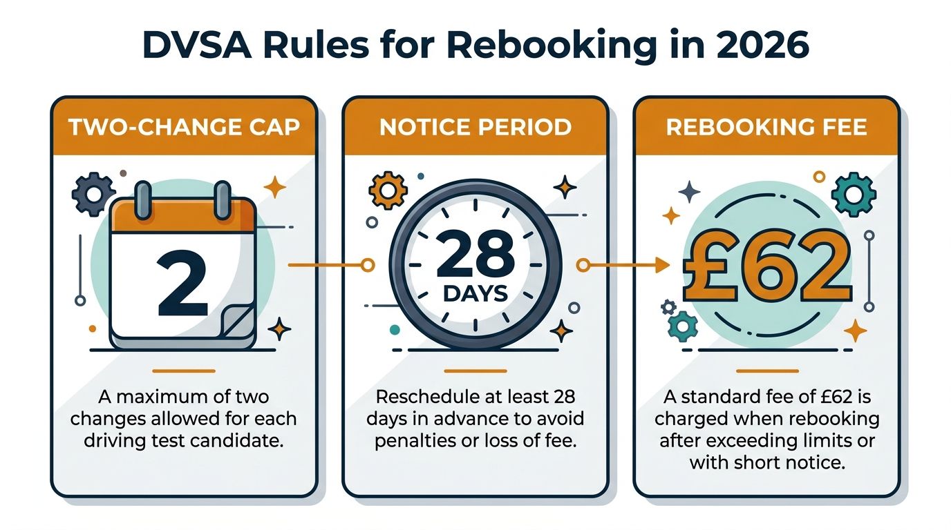 An infographic showing the DVSA rules for rebooking a driving test in 2026, featuring caps and fees.