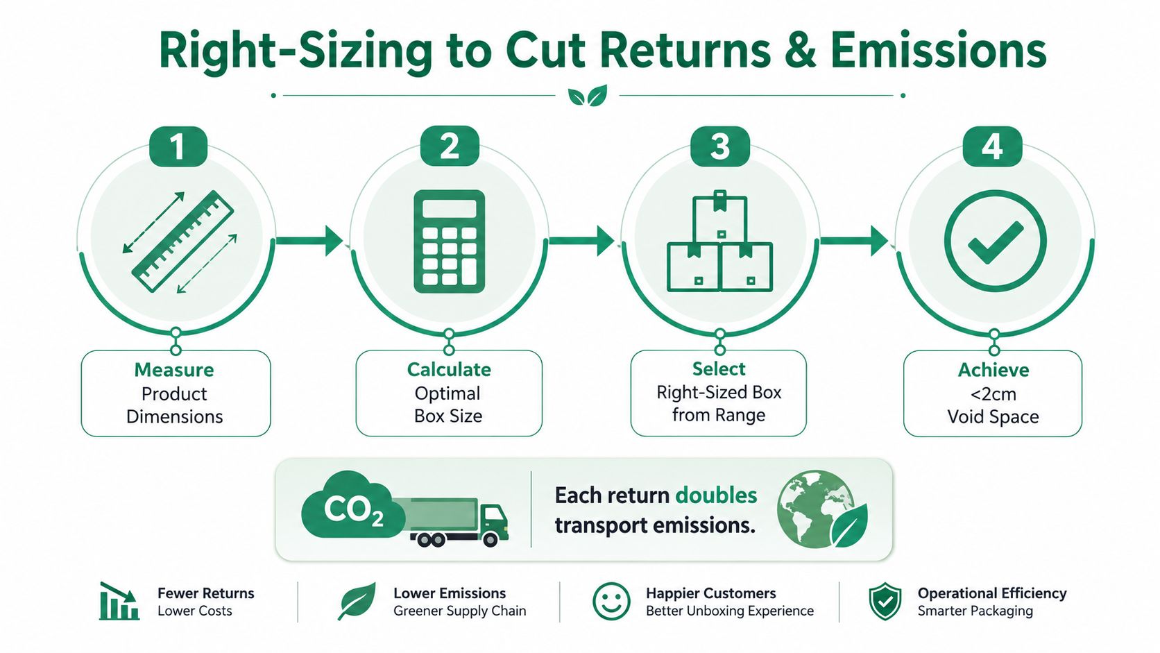 A four-step infographic showing how to reduce carbon footprints by selecting right-sized boxes for shipping products.