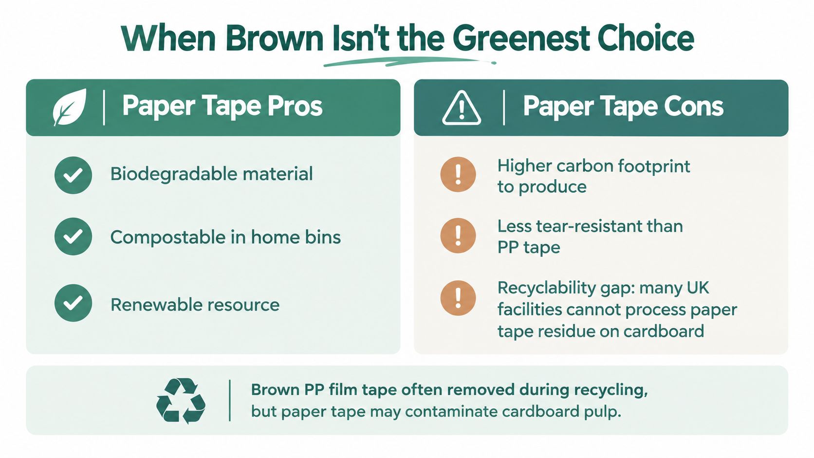 An infographic titled When Brown Isn't the Greenest Choice, comparing the pros and cons of paper tape.
