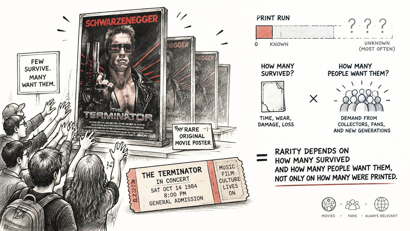 A diagram explaining how collector rarity is determined by supply, demand, and survival of original movie posters.