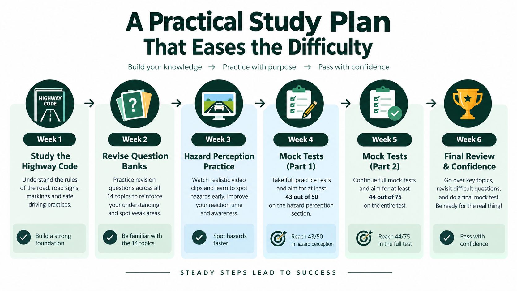 A six-week infographic study plan guide designed to help students pass their theory driving test.