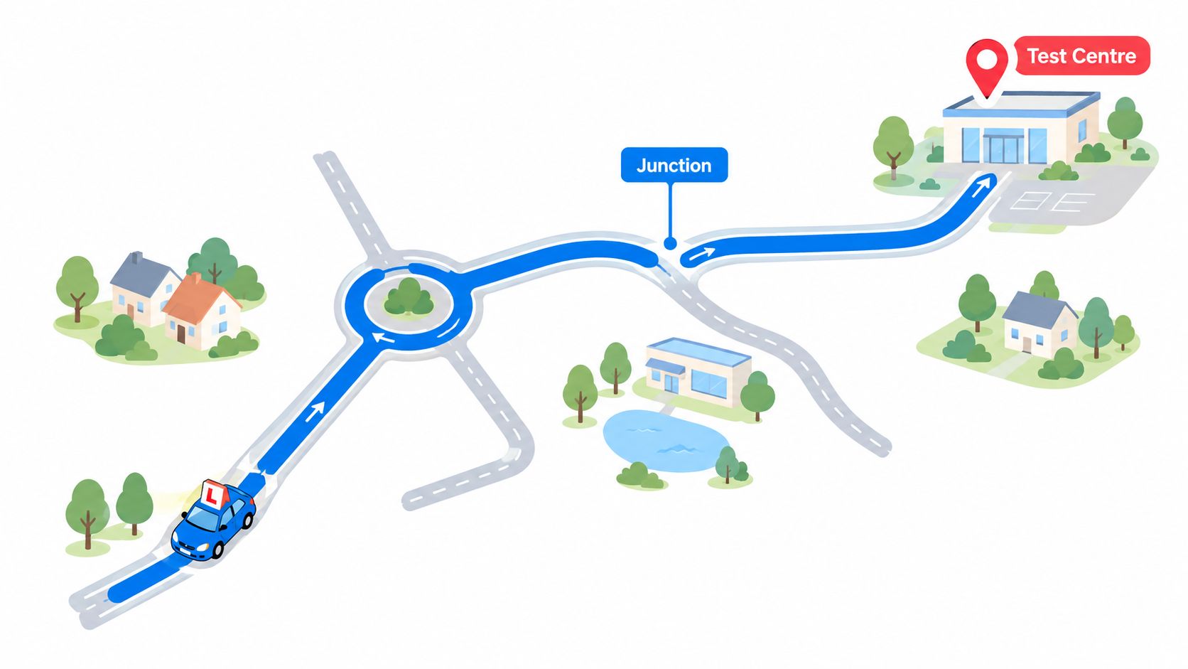 A digital map showing a learner driver car navigating a roundabout toward a local driving test centre.