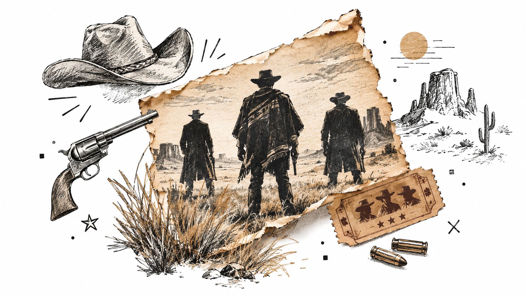 An artistic illustration featuring a weathered paper torn effect showcasing three silhouettes of cowboys in a desert landscape.
