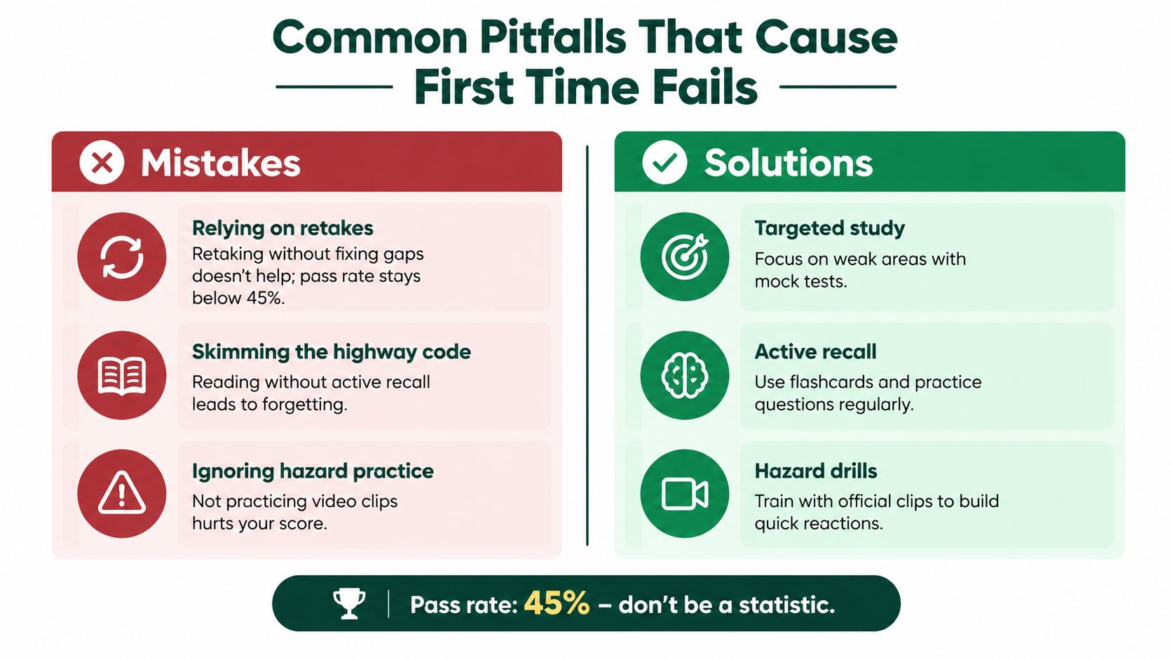 A visual guide comparing common study mistakes against effective solutions for passing a driving theory test.