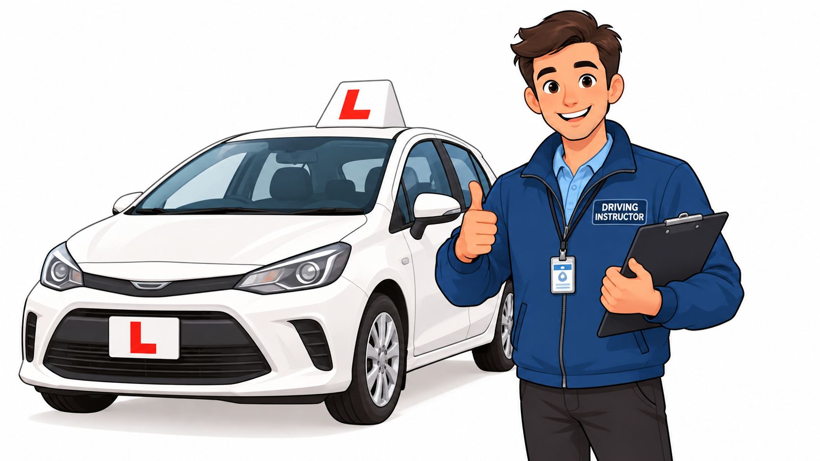 A friendly driving instructor in a blue jacket giving a thumbs up next to a learner car.