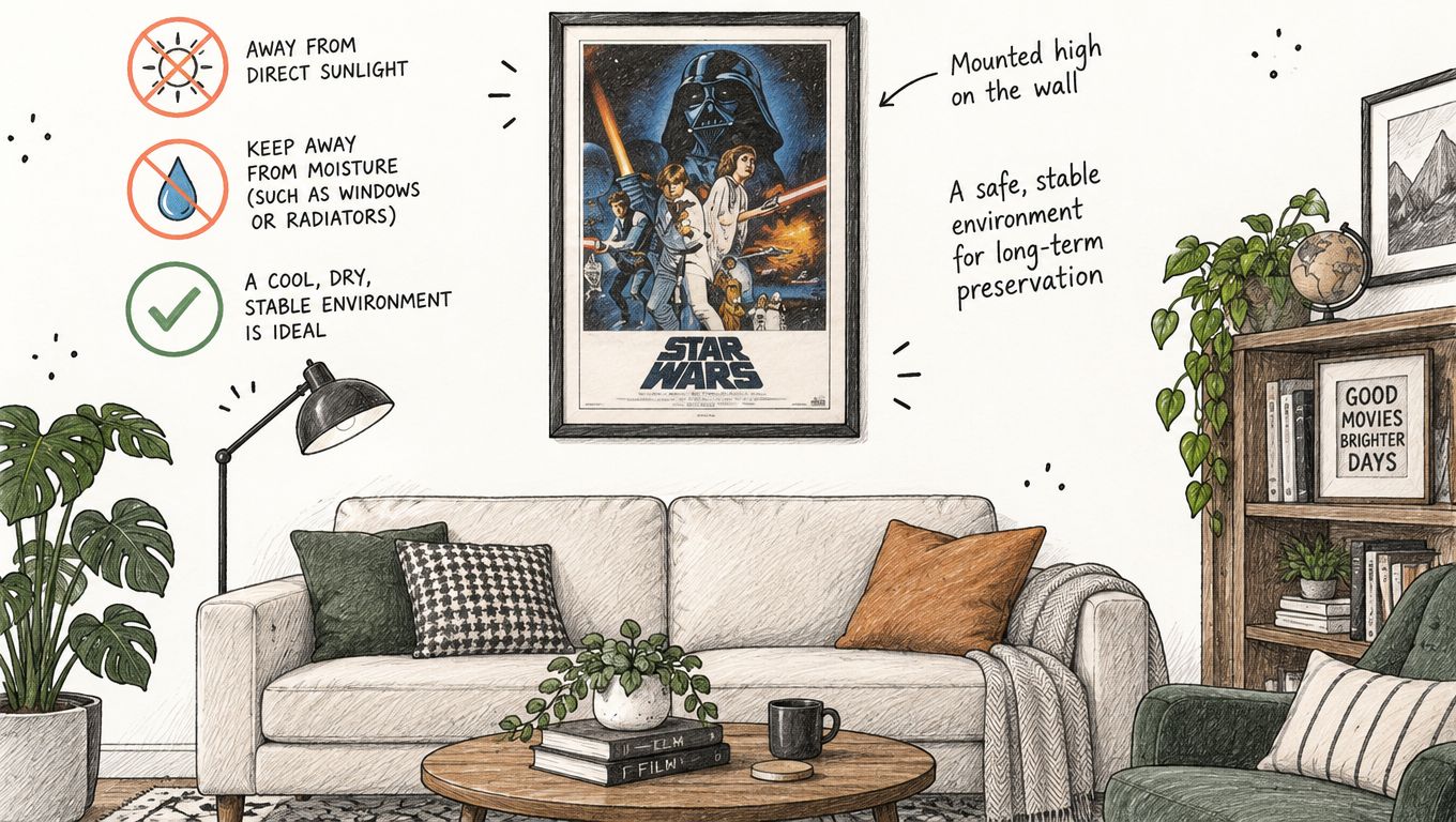 A hand-drawn illustration depicting tips for long-term preservation of a framed Star Wars poster in a living room.