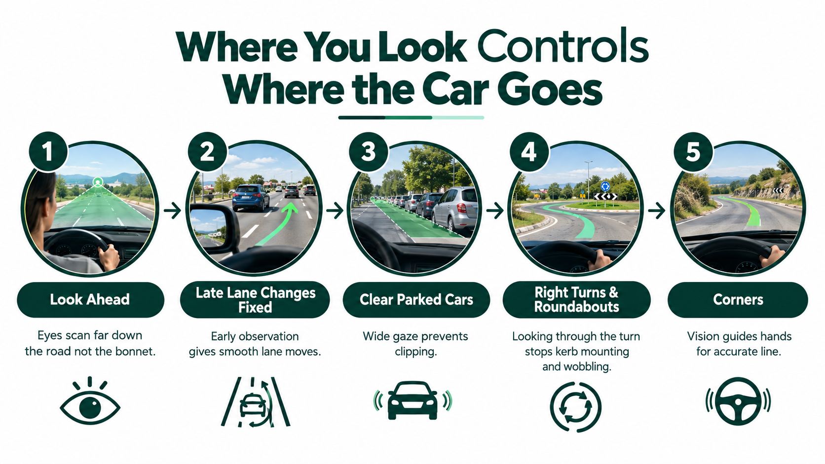 An infographic showing how where you look while driving directly influences your vehicle's steering and path.
