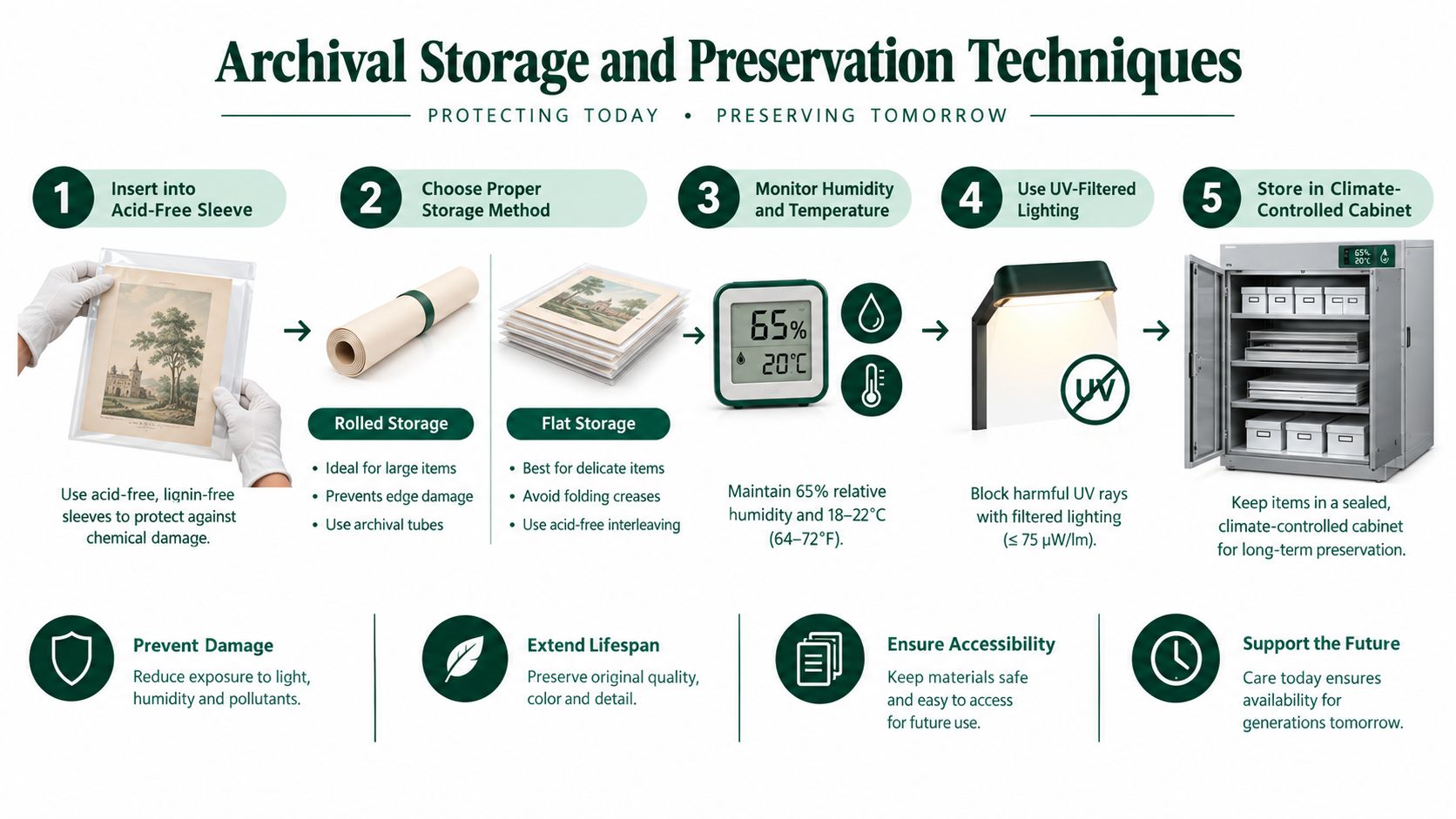 An infographic detailing five key steps for archival storage and preservation of delicate historical documents.