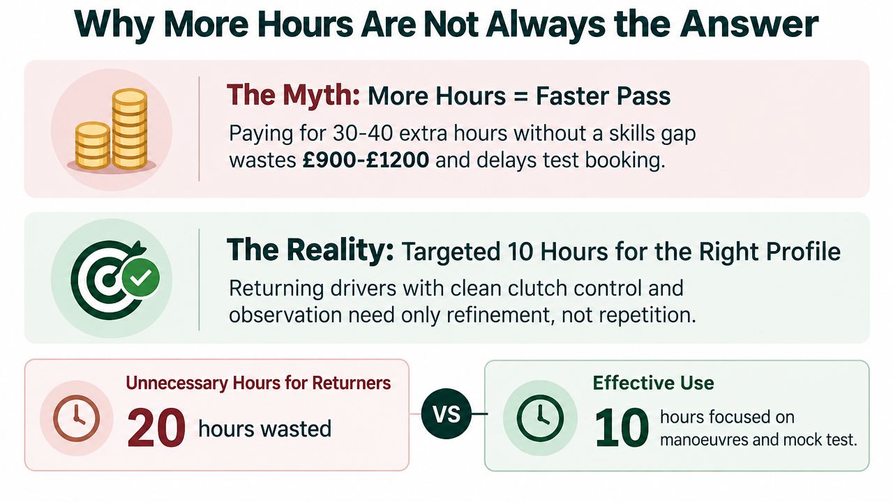 An infographic comparing unnecessary driving lesson hours versus a more efficient 10-hour targeted driving lesson plan.
