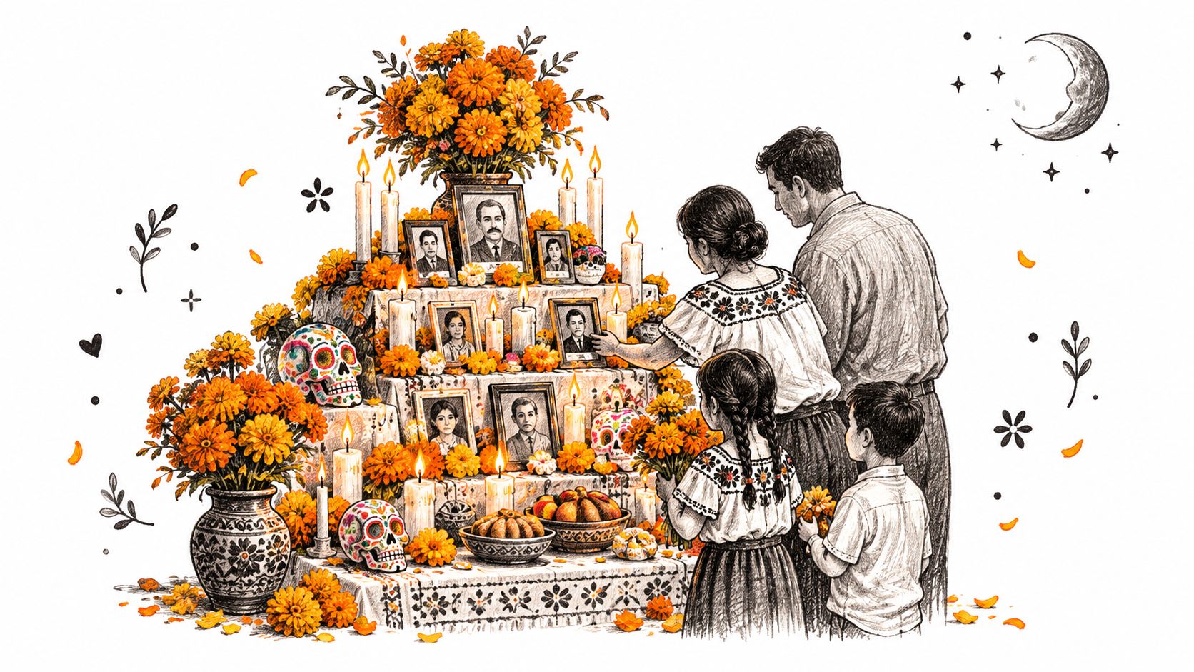 A family paying respects at a traditional Dia de los Muertos altar decorated with photos and marigolds.