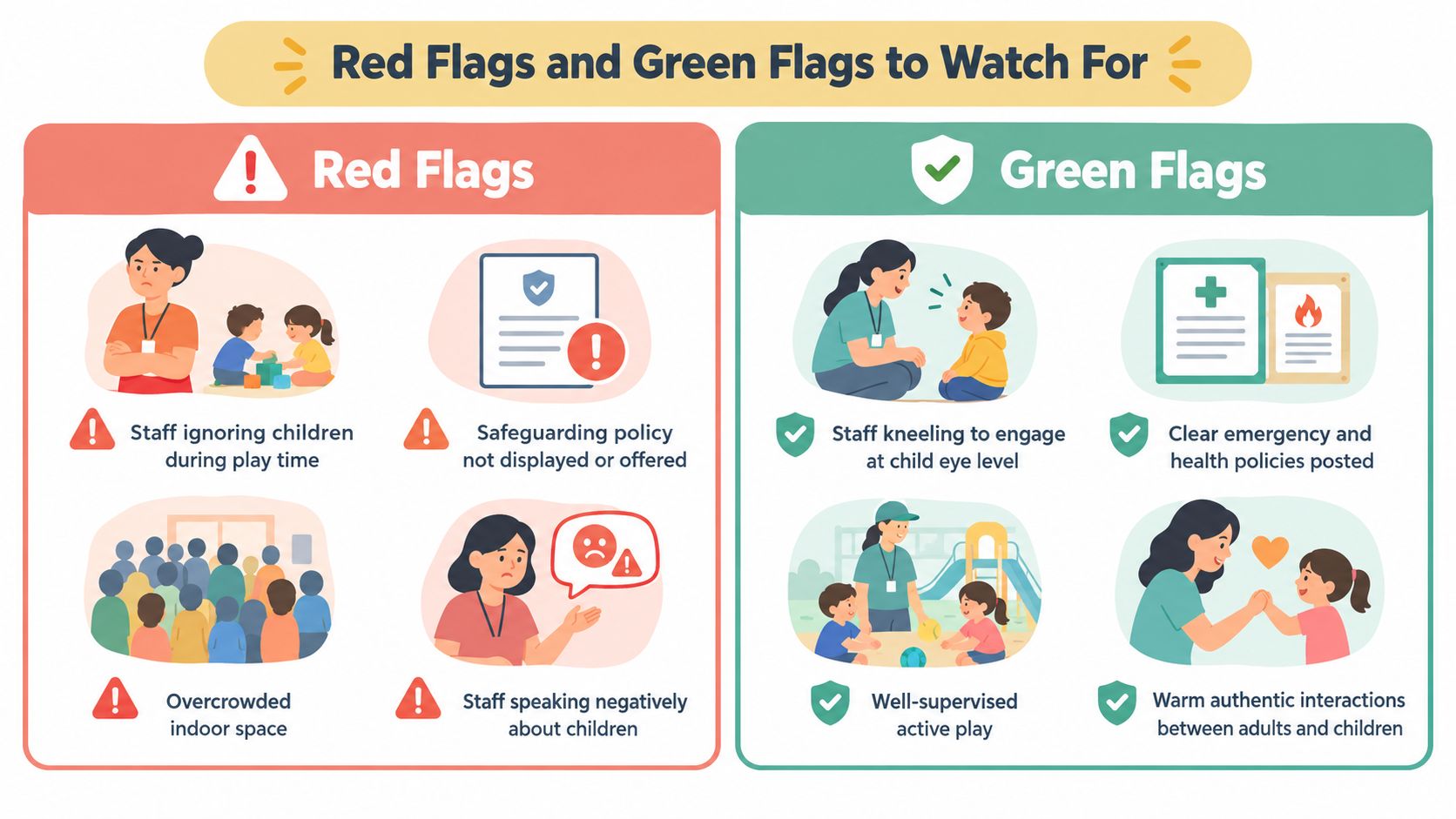 An infographic showing red flags and green flags to observe during a nursery or childcare center visit.