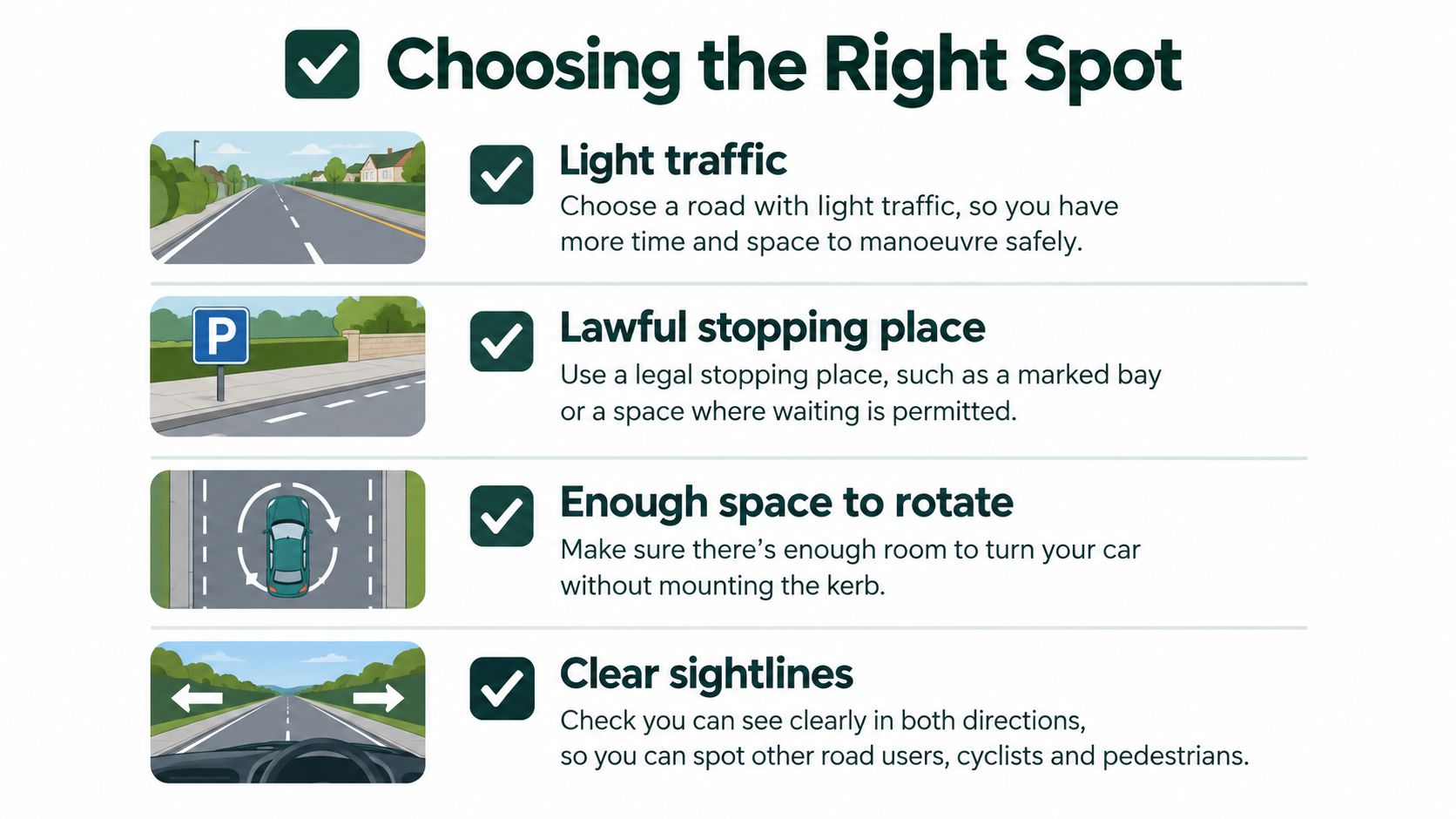 An infographic showing four key safety tips for choosing a proper location to perform a turn in the road.