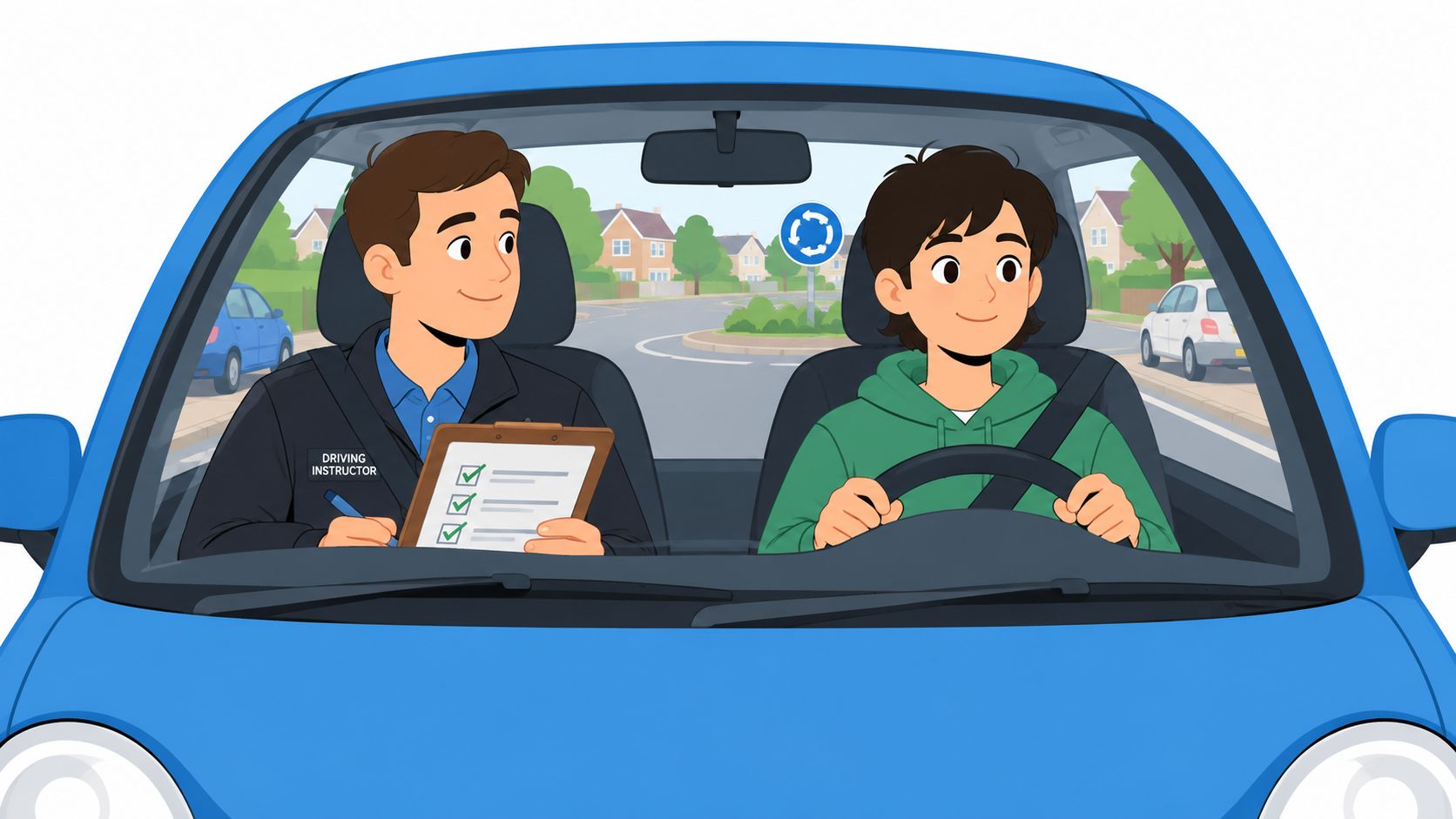A driving instructor evaluating a young student driver behind the wheel of a car in a neighbourhood.