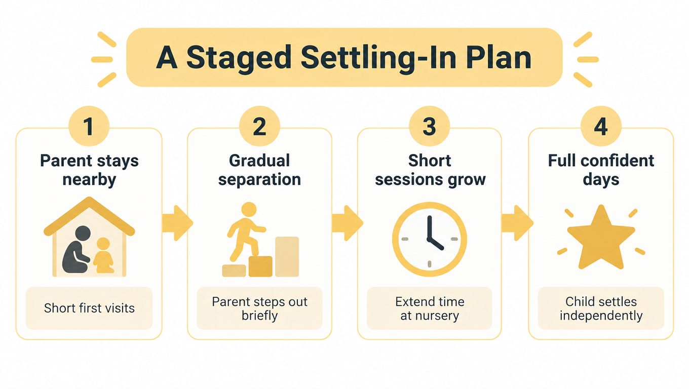A four-stage plan infographic explaining how to help a child settle into a nursery setting.