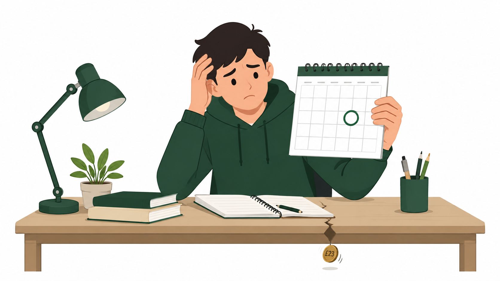 A worried young man looking at a calendar while sitting at a desk with a cracked surface.