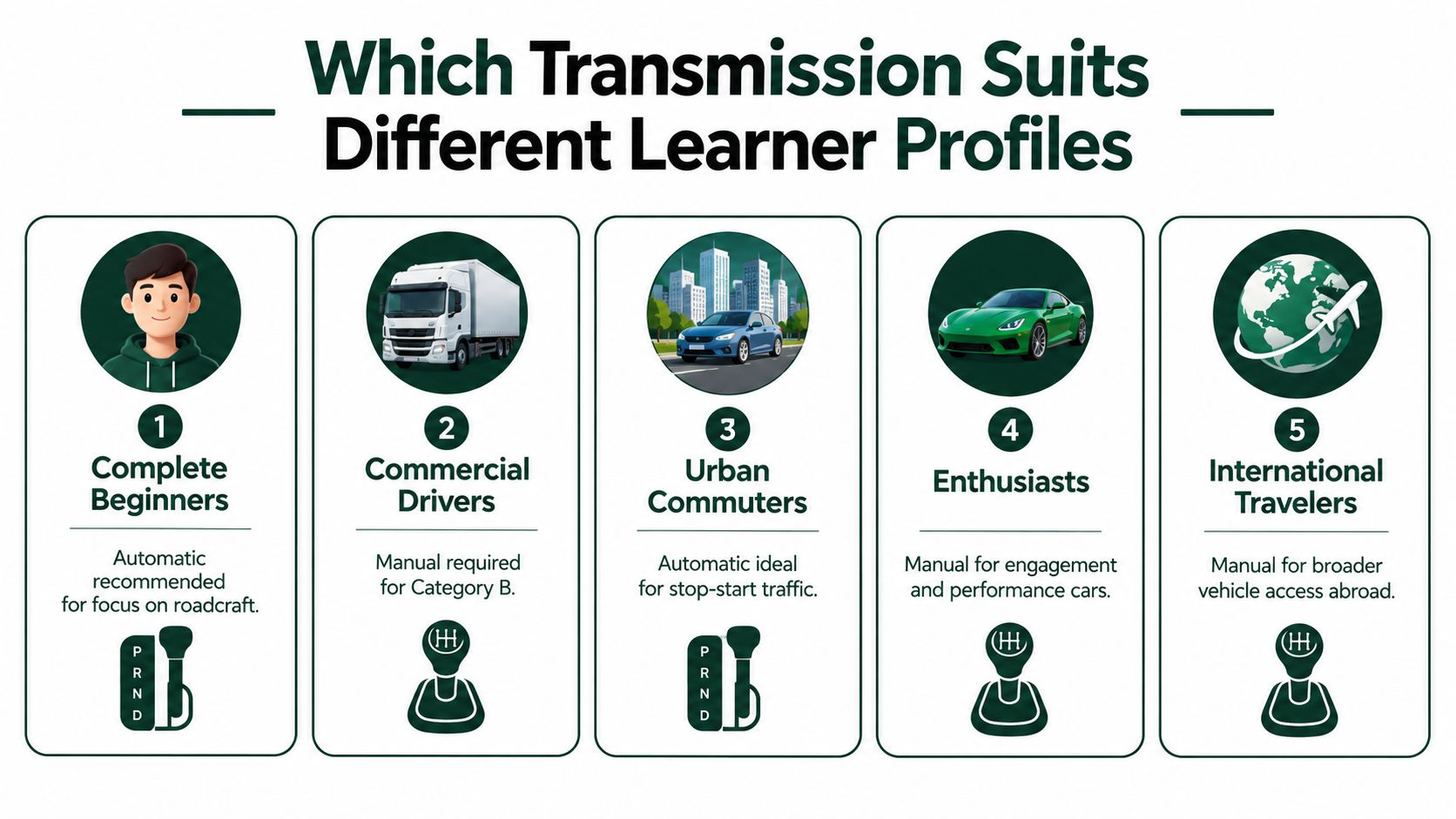 An infographic illustrating which transmission, manual or automatic, suits different types of driving learner profiles.