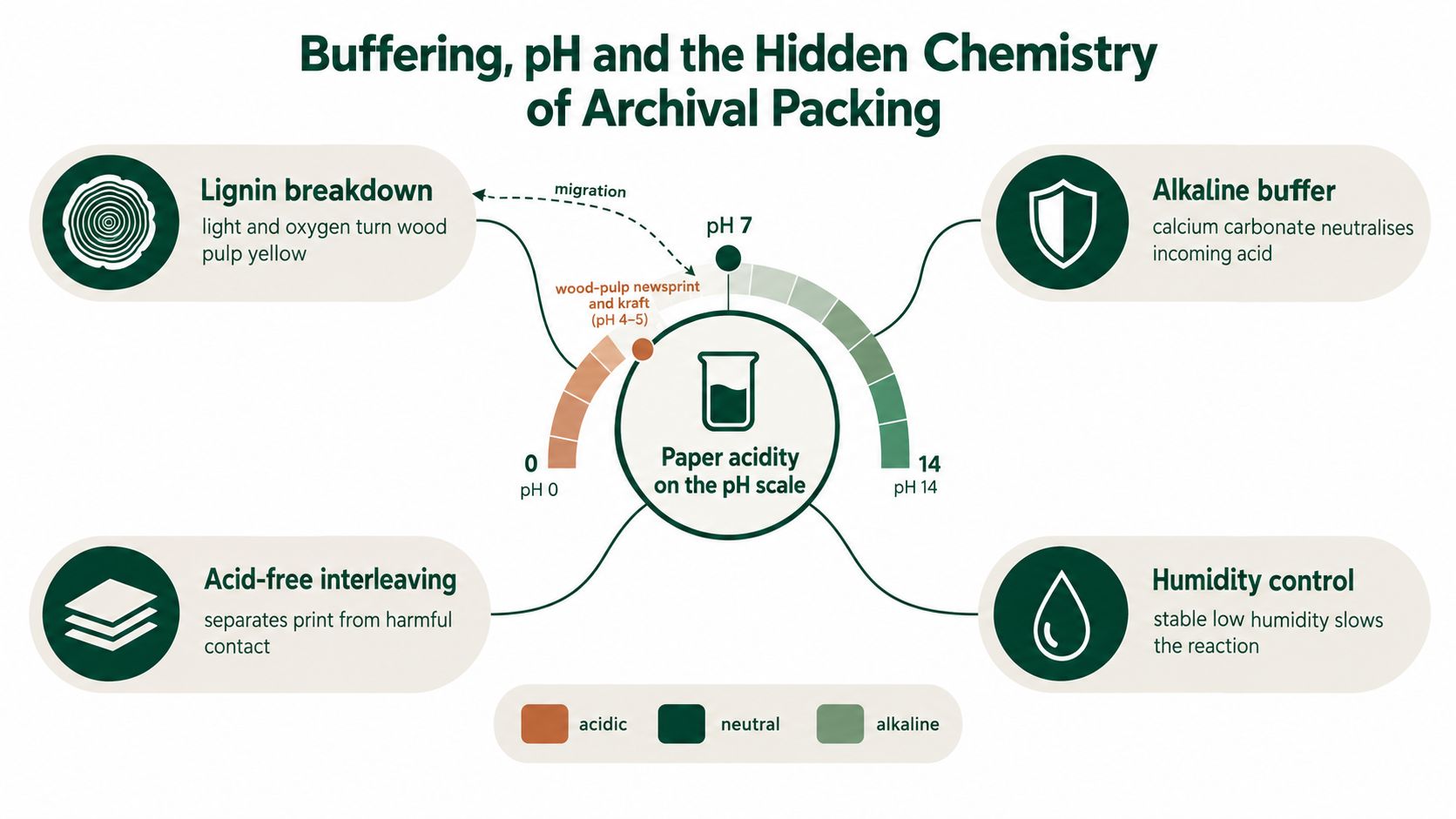 A diagram explaining archival packing chemistry, illustrating pH levels for paper preservation, acidity, and protective material techniques.